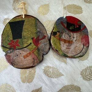 Handcrafted wooden oval decoupage snowman ornaments/decor set of two